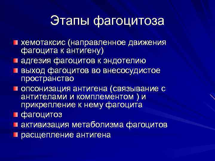Этапы фагоцитоза хемотаксис (направленное движения фагоцита к антигену) адгезия фагоцитов к эндотелию выход фагоцитов