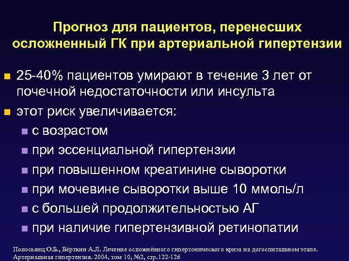 Прогноз для пациентов, перенесших осложненный ГК при артериальной гипертензии n n 25 -40% пациентов