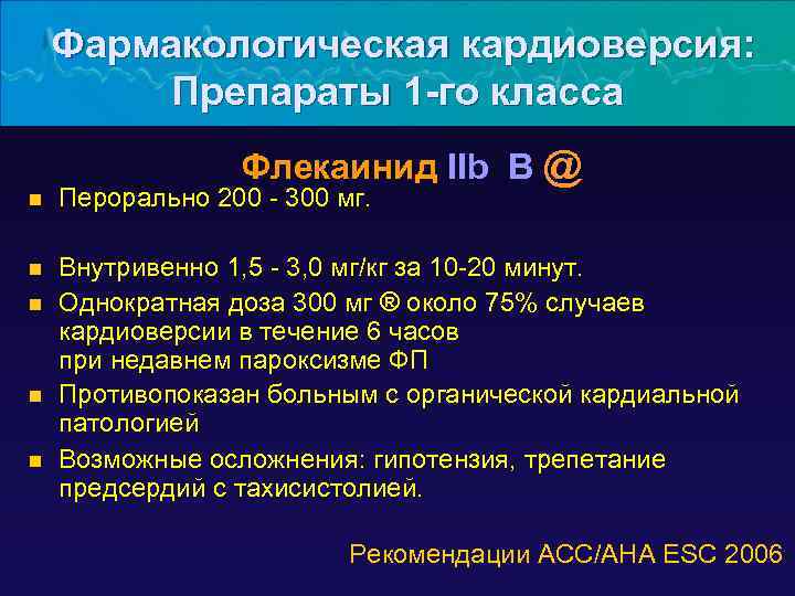 Фармакологическая кардиоверсия: Препараты 1 -го класса Флекаинид IIb B @ n Перорально 200 -