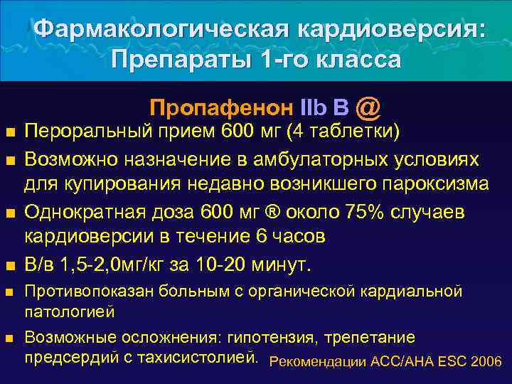 Фармакологическая кардиоверсия: Препараты 1 -го класса Пропафенон IIb B @ n n n Пероральный