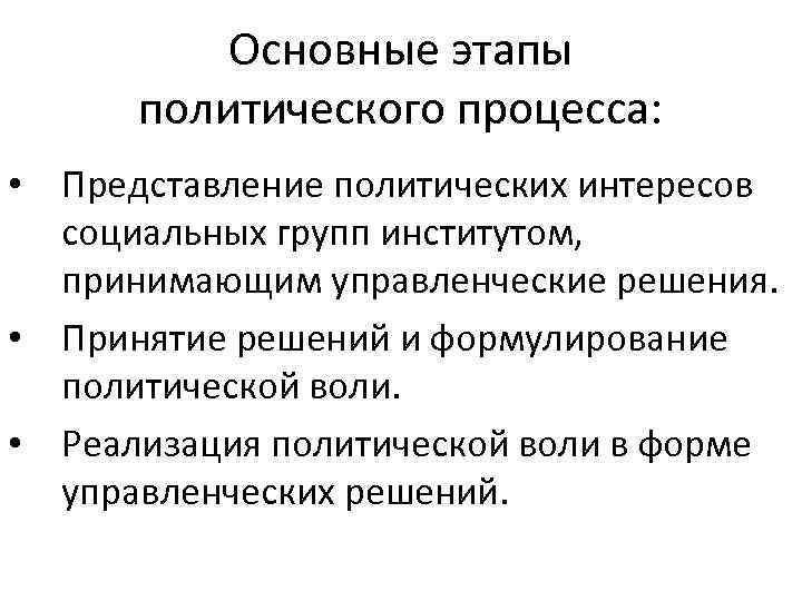 Основные этапы политического процесса: • Представление политических интересов социальных групп институтом, принимающим управленческие решения.