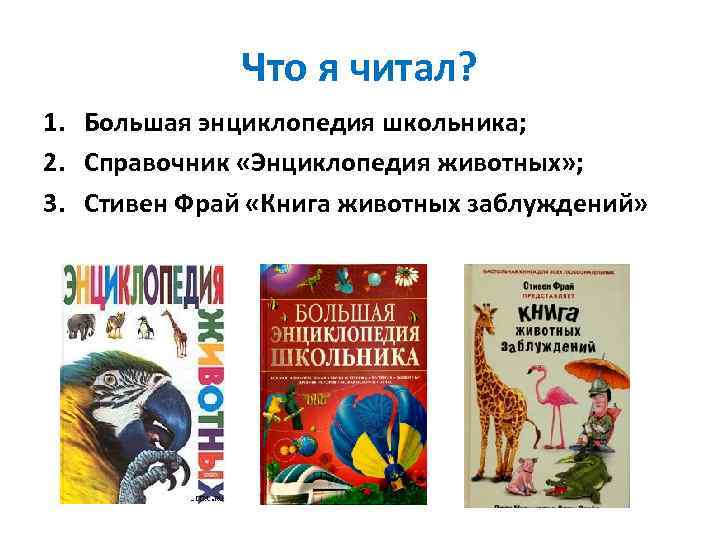 Что я читал? 1. Большая энциклопедия школьника; 2. Справочник «Энциклопедия животных» ; 3. Стивен