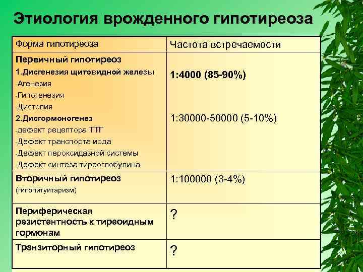 Этиология врожденного гипотиреоза Форма гипотиреоза Частота встречаемости Первичный гипотиреоз 1. Дисгенезия щитовидной железы -Агенезия