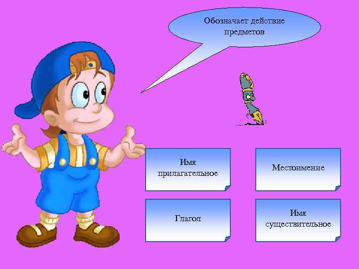 Обозначает действие предметов Имя прилагательное Местоимение Глагол Имя существительное 