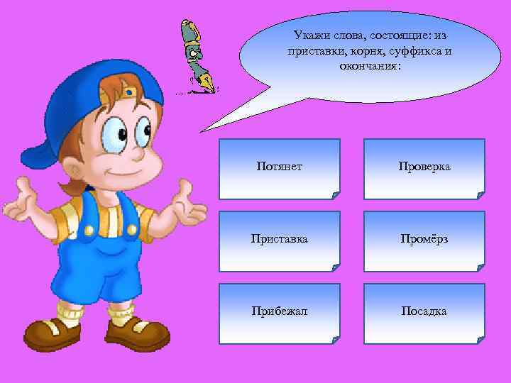 Укажи слова, состоящие: из приставки, корня, суффикса и окончания: Потянет Проверка Приставка Промёрз Прибежал