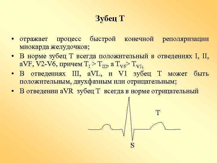 Зубец Т • отражает процесс быстрой конечной реполяризации миокарда желудочков; • В норме зубец