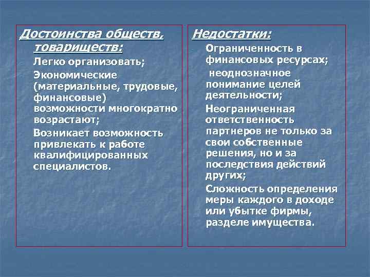 Достоинства обществ, товариществ: - - Легко организовать; Экономические (материальные, трудовые, финансовые) возможности многократно возрастают;