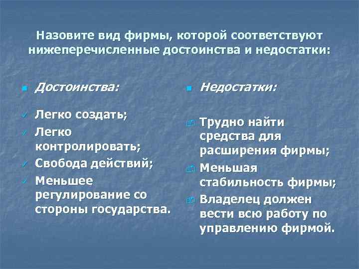 Назовите вид фирмы, которой соответствуют нижеперечисленные достоинства и недостатки: n ü ü Достоинства: Легко