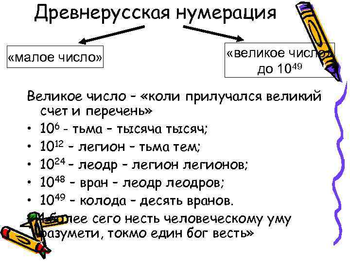 Древнерусская нумерация «малое число» «великое число» до 1049 Великое число – «коли прилучался великий