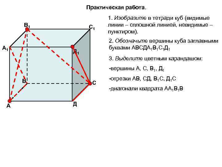 Практическая работа. В 1 А 1 С 1 1. Изобразите в тетради куб (видимые