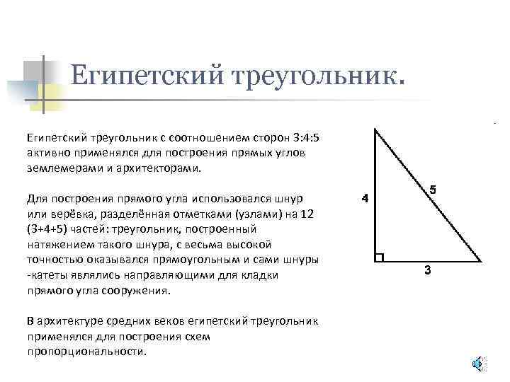 Египетский треугольник с соотношением сторон 3: 4: 5 активно применялся для построения прямых углов