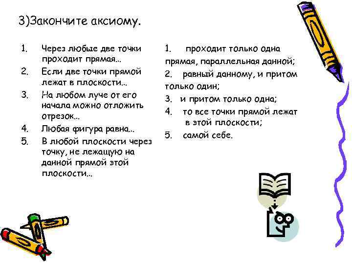 3)Закончите аксиому. 1. 2. 3. 4. 5. Через любые две точки проходит прямая… Если