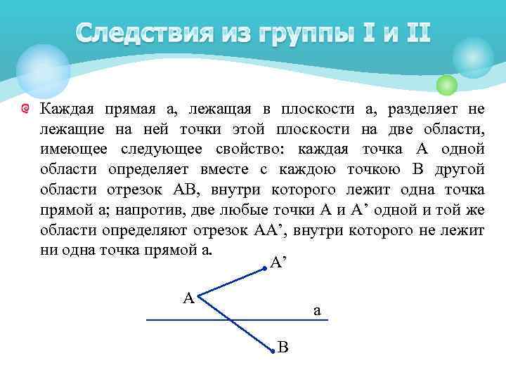 Каждая прямая а, лежащая в плоскости а, разделяет не лежащие на ней точки этой