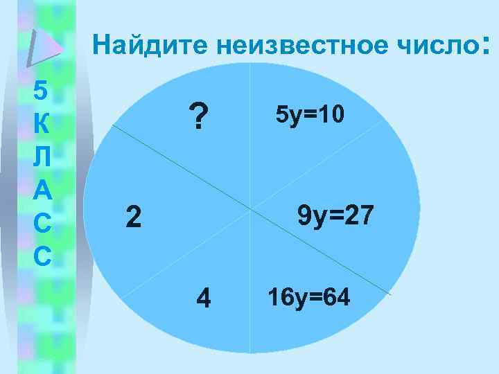 Найдите неизвестное число: 5 К Л А С С ? 5 у=10 9 у=27
