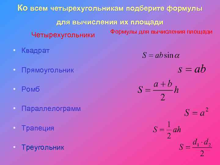 Ко всем четырехугольникам подберите формулы для вычисления их площади Четырехугольники • Квадрат • Прямоугольник
