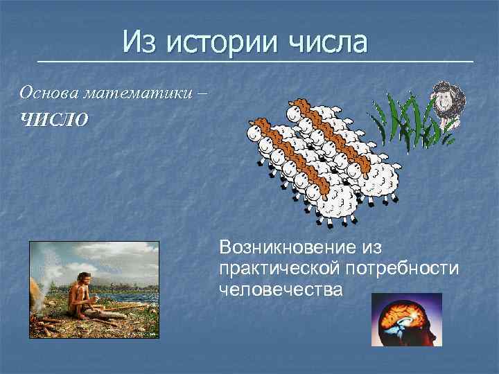 Из истории числа Основа математики – ЧИСЛО Возникновение из практической потребности человечества 