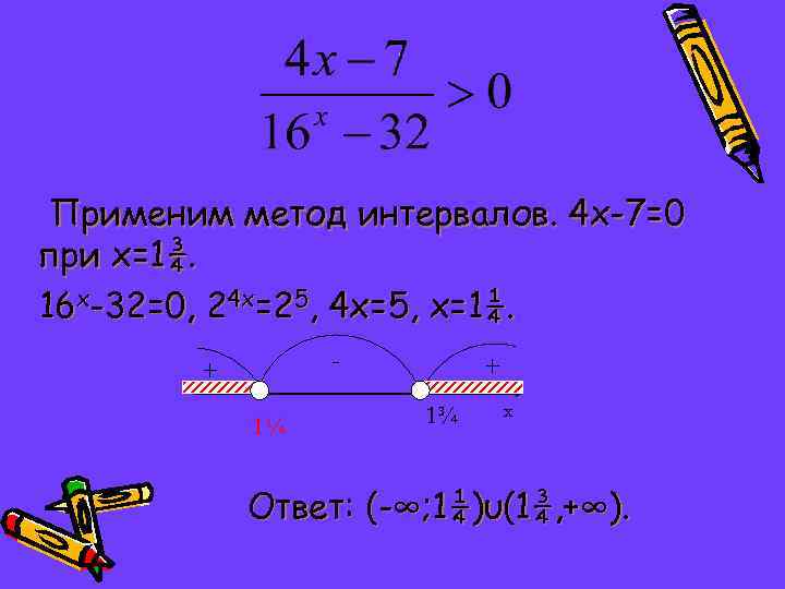 Применим метод интервалов. 4 х-7=0 при х=1¾. 16 х-32=0, 24 х=25, 4 х=5, х=1¼.
