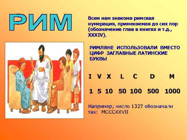 Всем нам знакома римская нумерация, применяемая до сих пор (обозначение глав в книгах и