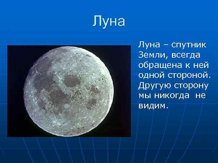Луна – спутник Земли, всегда обращена к ней одной стороной. Другую сторону мы никогда