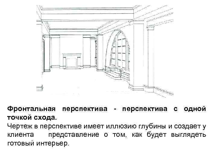 Фронтальная перспектива - перспектива с одной точкой схода. Чертеж в перспективе имеет иллюзию глубины