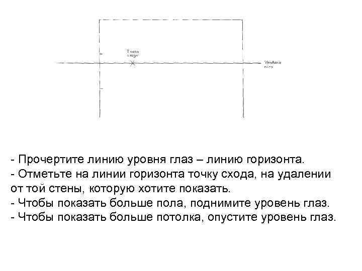 - Прочертите линию уровня глаз – линию горизонта. - Отметьте на линии горизонта точку