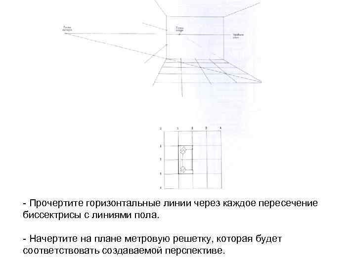 - Прочертите горизонтальные линии через каждое пересечение биссектрисы с линиями пола. - Начертите на