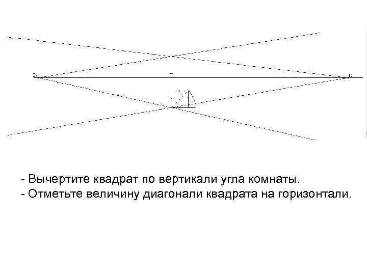 - Вычертите квадрат по вертикали угла комнаты. - Отметьте величину диагонали квадрата на горизонтали.