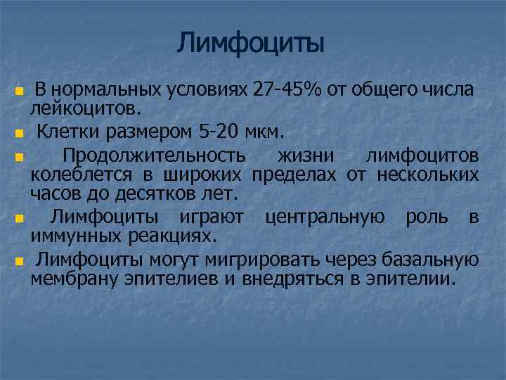 Лимфоциты В нормальных условиях 27 -45% от общего числа лейкоцитов. n Клетки размером 5