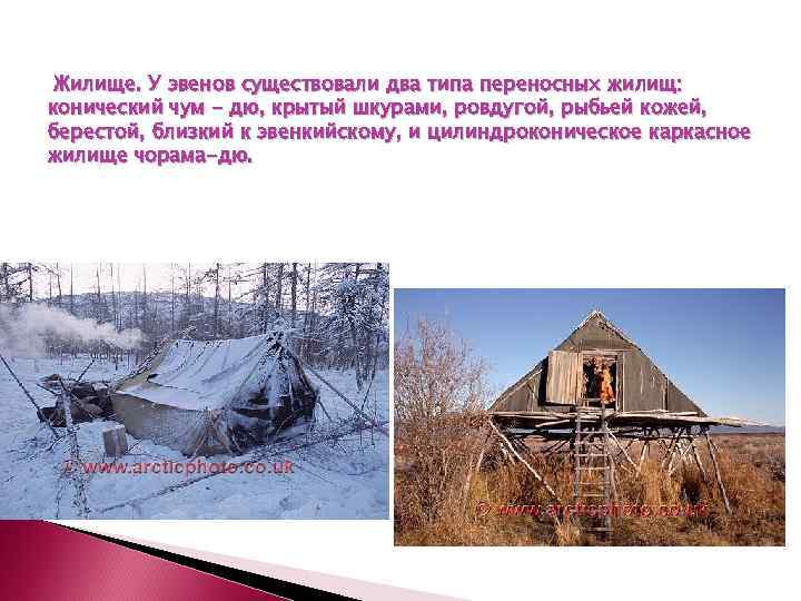 Жилище. У эвенов существовали два типа переносных жилищ: конический чум - дю, крытый шкурами,