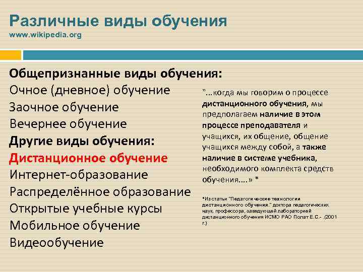 Различные виды обучения www. wikipedia. org Общепризнанные виды обучения: Очное (дневное) обучение ". .