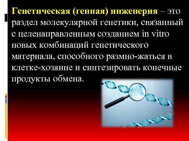 Генетическая (генная) инженерия – это раздел молекулярной генетики, связанный с целенаправленным созданием in vitro
