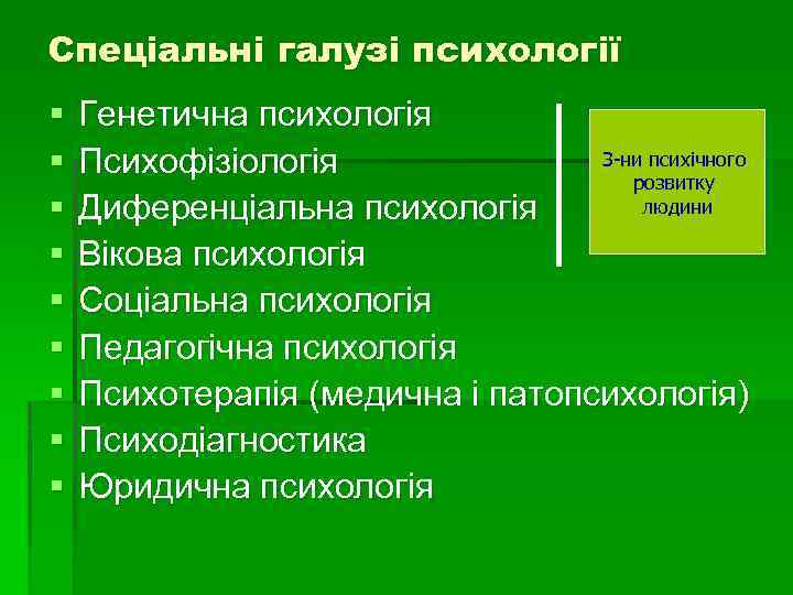 Спеціальні галузі психології § § § § § Генетична психологія З-ни психічного Психофізіологія розвитку