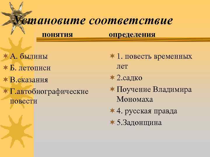 Установите соответствие понятия ¬ А. былины ¬ Б. летописи ¬ В. сказания ¬ Г.