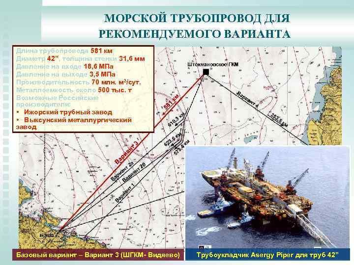 МОРСКОЙ ТРУБОПРОВОД ДЛЯ РЕКОМЕНДУЕМОГО ВАРИАНТА Длина трубопровода 581 км Диаметр 42”, толщина стенки 31,