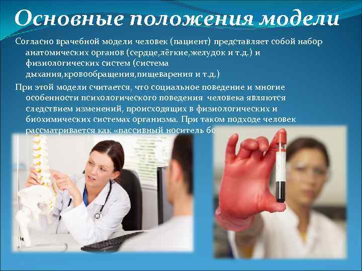 Основные положения модели Согласно врачебной модели человек (пациент) представляет собой набор анатомических органов (сердце,