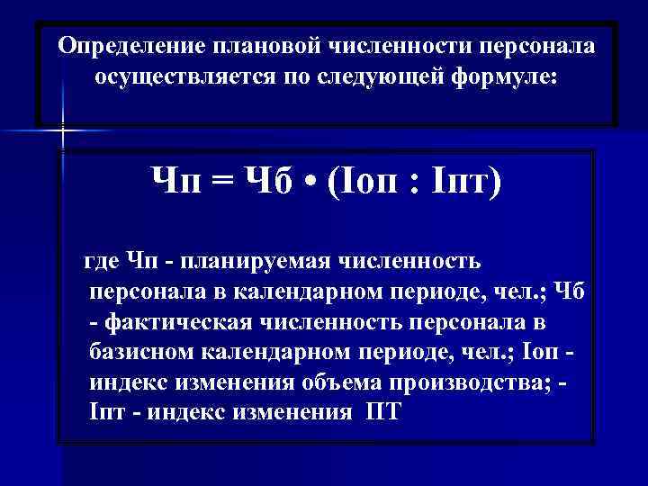 Определение плановой численности персонала осуществляется по следующей формуле: Чп = Чб • (Iоп :