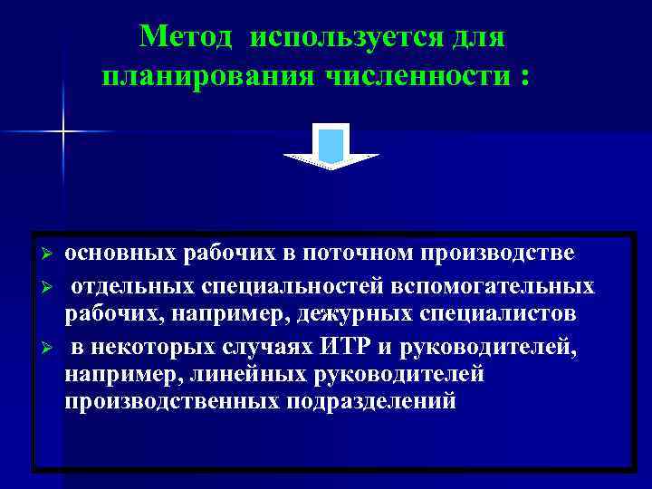  Метод используется для планирования численности : Ø Ø Ø основных рабочих в поточном