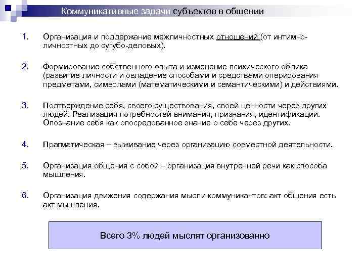 Коммуникативные задачи субъектов в общении 1. Организация и поддержание межличностных отношений (от интимно личностных