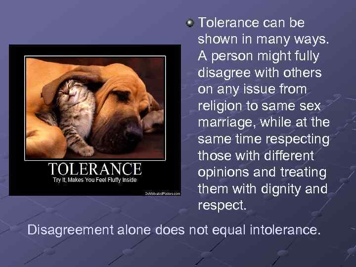 Tolerance can be shown in many ways. A person might fully disagree with others