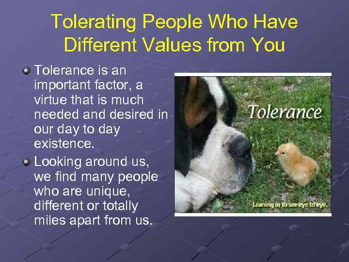 Tolerating People Who Have Different Values from You Tolerance is an important factor, a