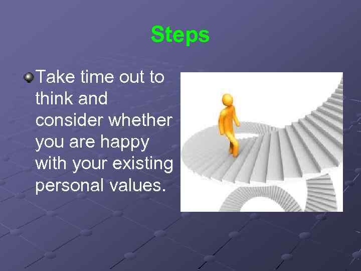 Steps Take time out to think and consider whether you are happy with your