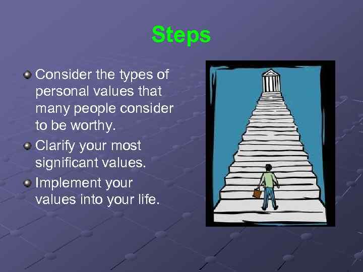 Steps Consider the types of personal values that many people consider to be worthy.