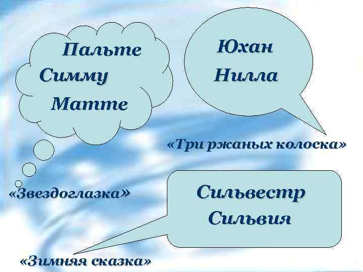 Пальте Симму Юхан Нилла Матте «Три ржаных колоска» «Звездоглазка» «Зимняя сказка» Сильвестр Сильвия 