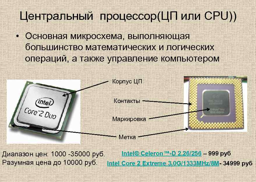 Центральный процессор(ЦП или CPU)) • Основная микросхема, выполняющая большинство математических и логических операций, а