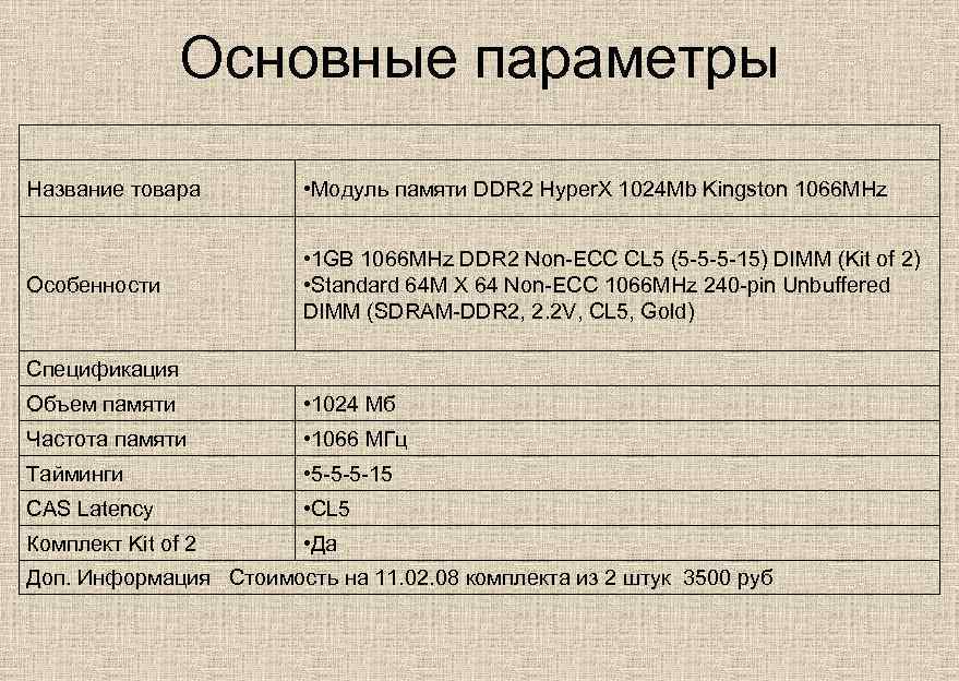 Основные параметры Название товара • Модуль памяти DDR 2 Hyper. X 1024 Mb Kingston