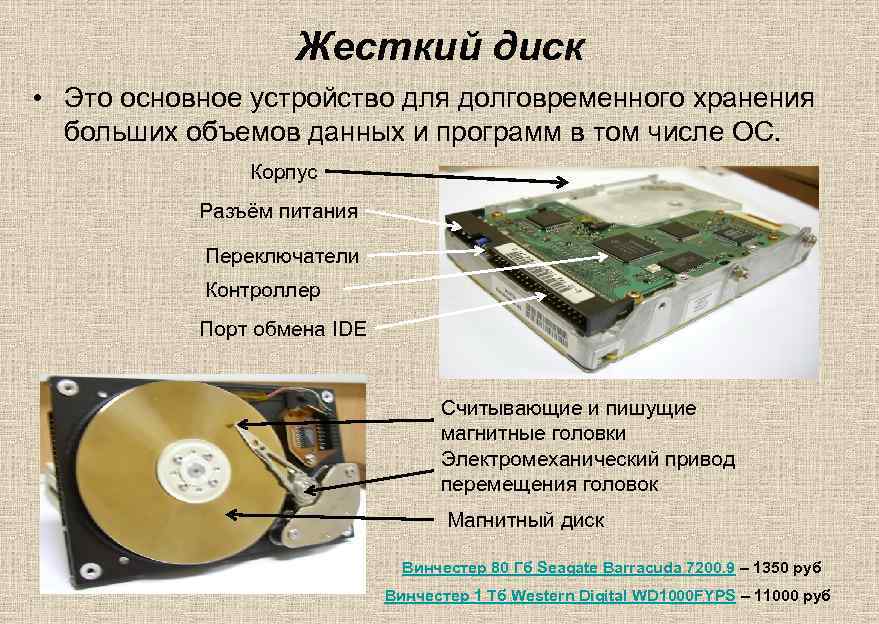 Жесткий диск • Это основное устройство для долговременного хранения больших объемов данных и программ