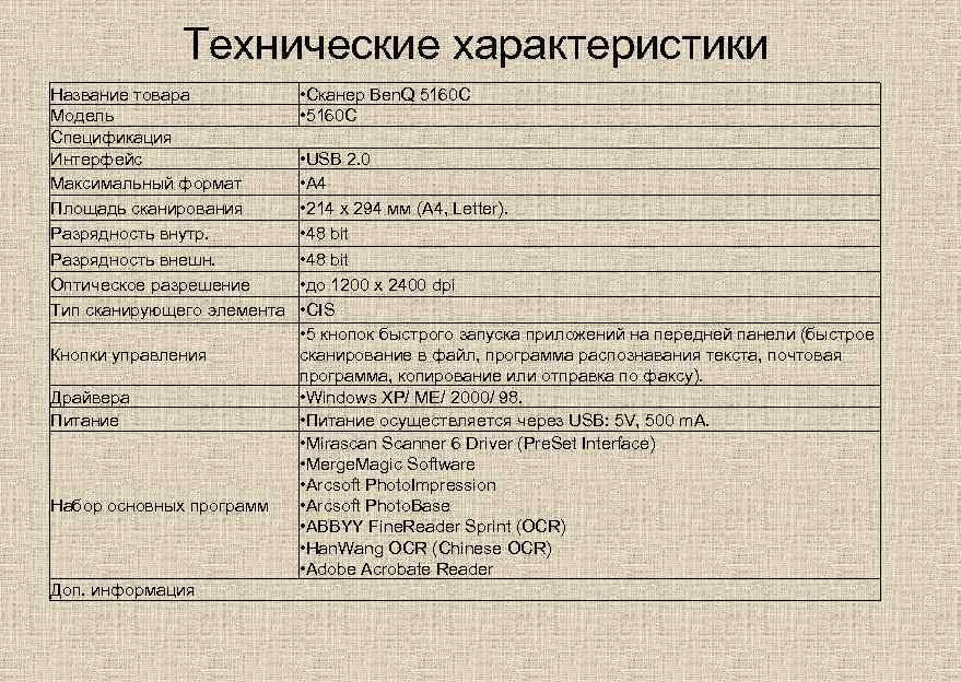 Технические характеристики Название товара Модель Спецификация Интерфейс Максимальный формат Площадь сканирования Разрядность внутр. Разрядность