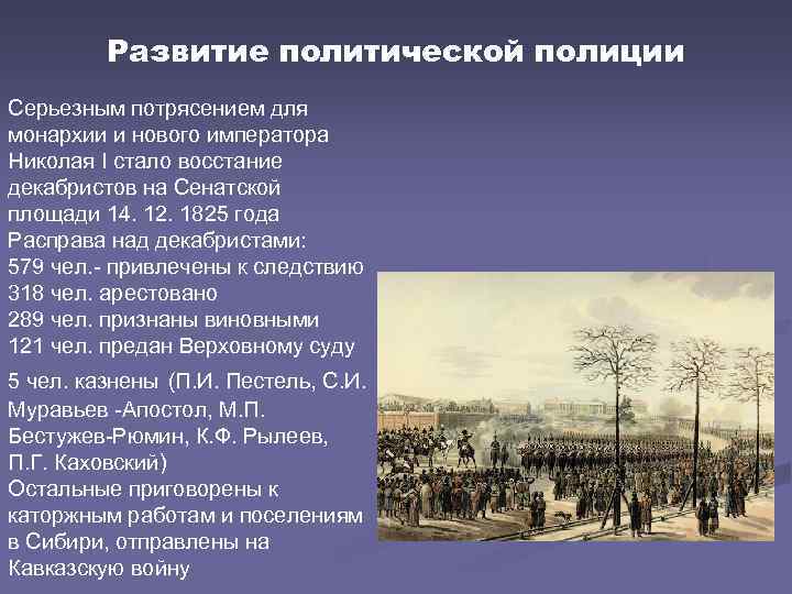 Развитие политической полиции Серьезным потрясением для монархии и нового императора Николая I стало восстание