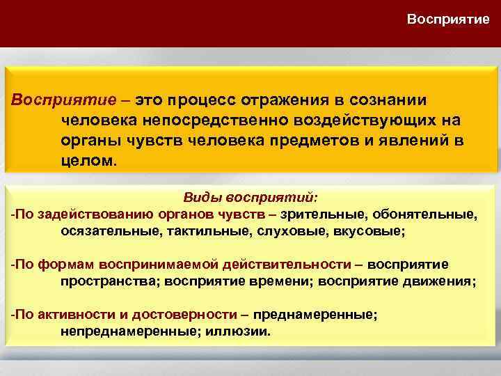 Восприятие – это процесс отражения в сознании человека непосредственно воздействующих на органы чувств человека
