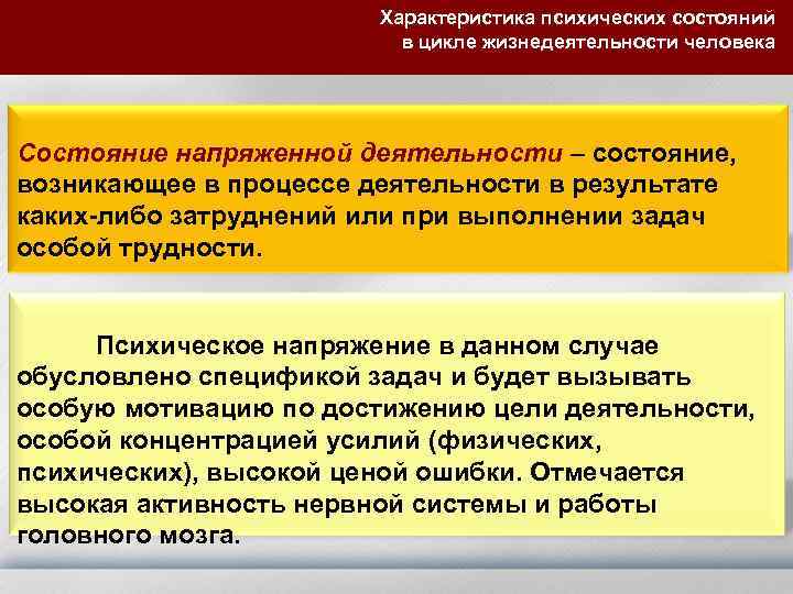 Характеристика психических состояний в цикле жизнедеятельности человека Состояние напряженной деятельности – состояние, возникающее в